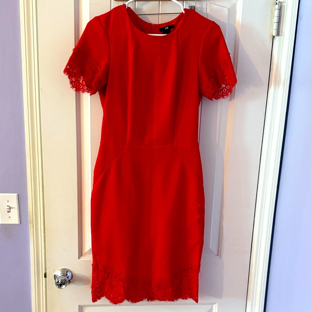 H&M Vibrant Red Mini Dress with Lace Accents